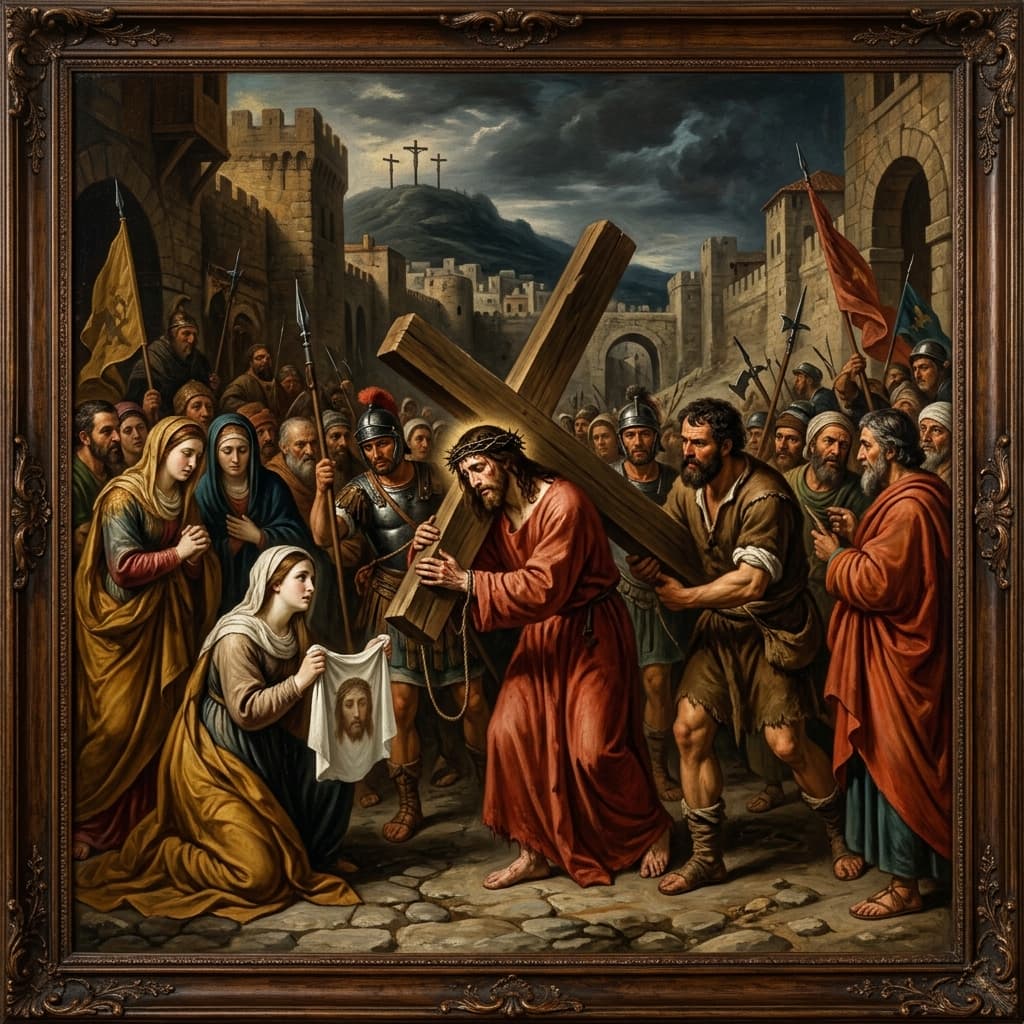 Jezus dźwigający ciężki krzyż na Golgotę